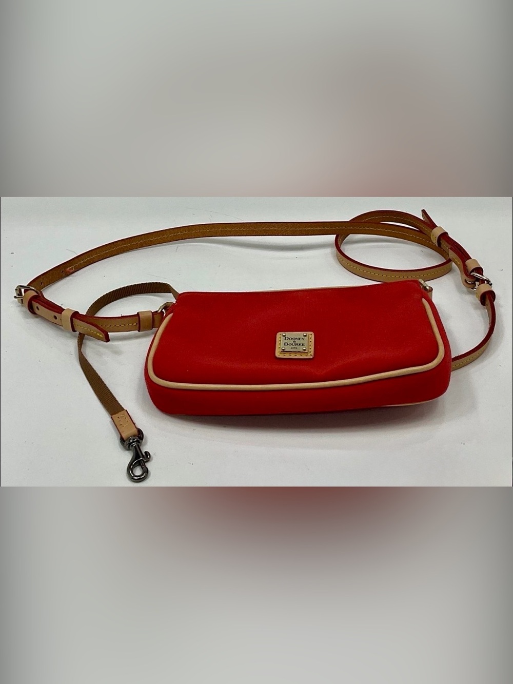 Dooney & Bourke Red Nylon Crossbody Bag Vachetta Leather Trim Adjustable Strap